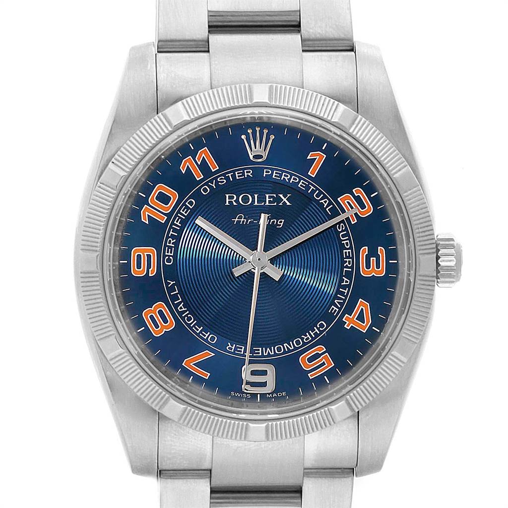 The image shows a front view of a Rolex Air-King 114210 Men's Stainless Steel Blue Dial 114210 Men's Stainless Steel Blue Dial watch, displaying its blue dial, numerals, crown, and part of the bracelet.