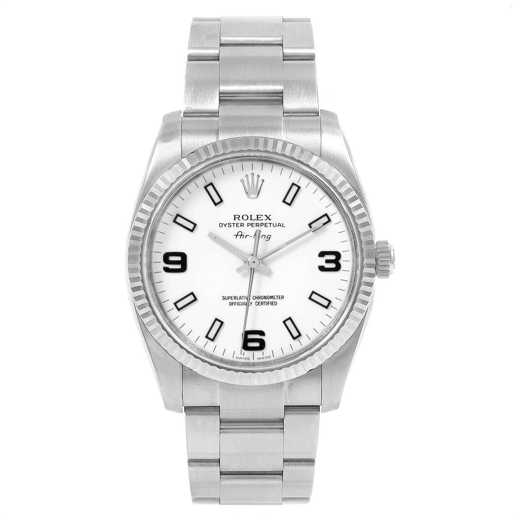 The image shows a front view of the Rolex Air-King 114234 Men's Stainless Steel White Dial 114234 Men's Stainless Steel White Dial watch, highlighting its dial, bezel, and part of the bracelet.