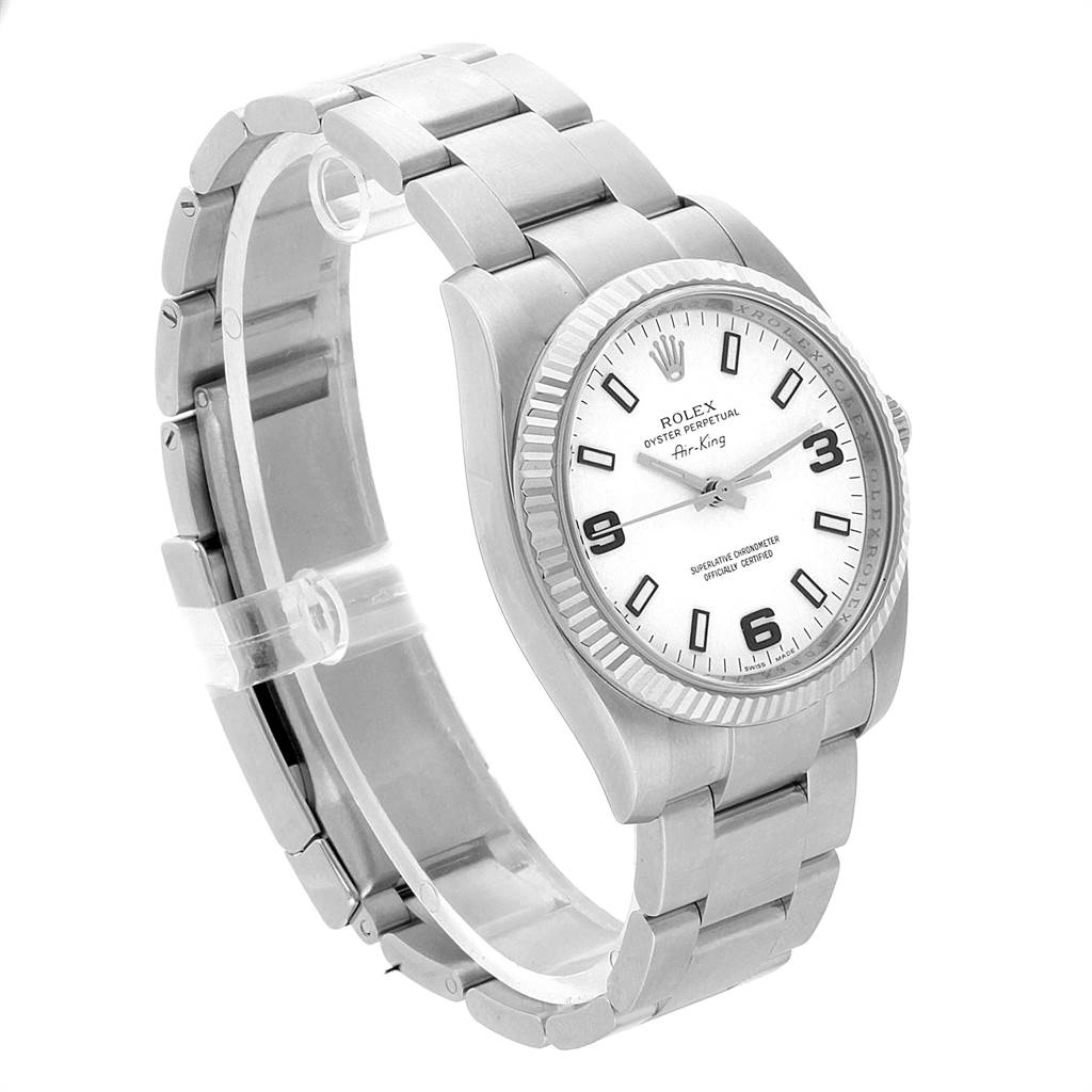 The Rolex Air-King 114234 Men's Stainless Steel White Dial 114234 Men's Stainless Steel White Dial watch is shown at a slightly angled side view, highlighting the face, bezel, and bracelet.