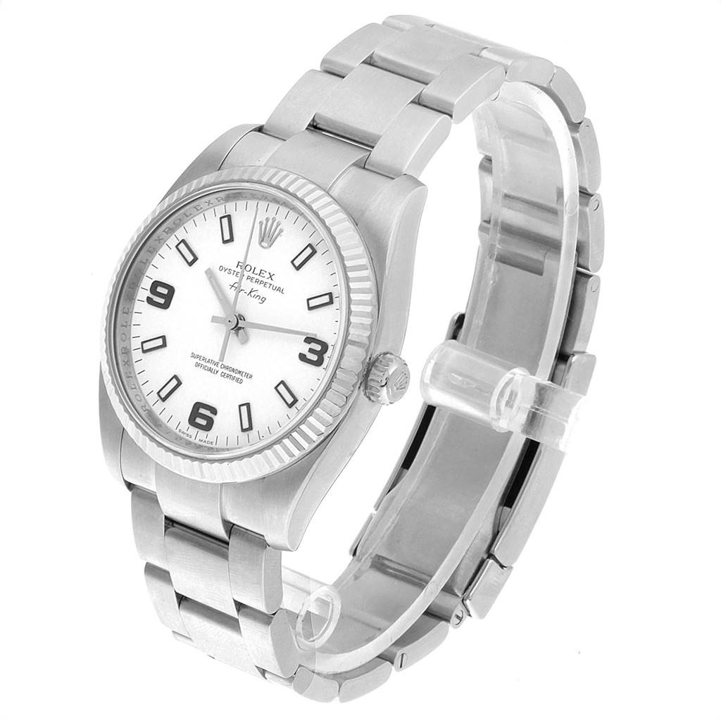 The Rolex Air-King 114234 Men's Stainless Steel White Dial 114234 Men's Stainless Steel White Dial watch is shown at a three-quarter angle, displaying its white dial, bracelet, crown, and part of the clasp.