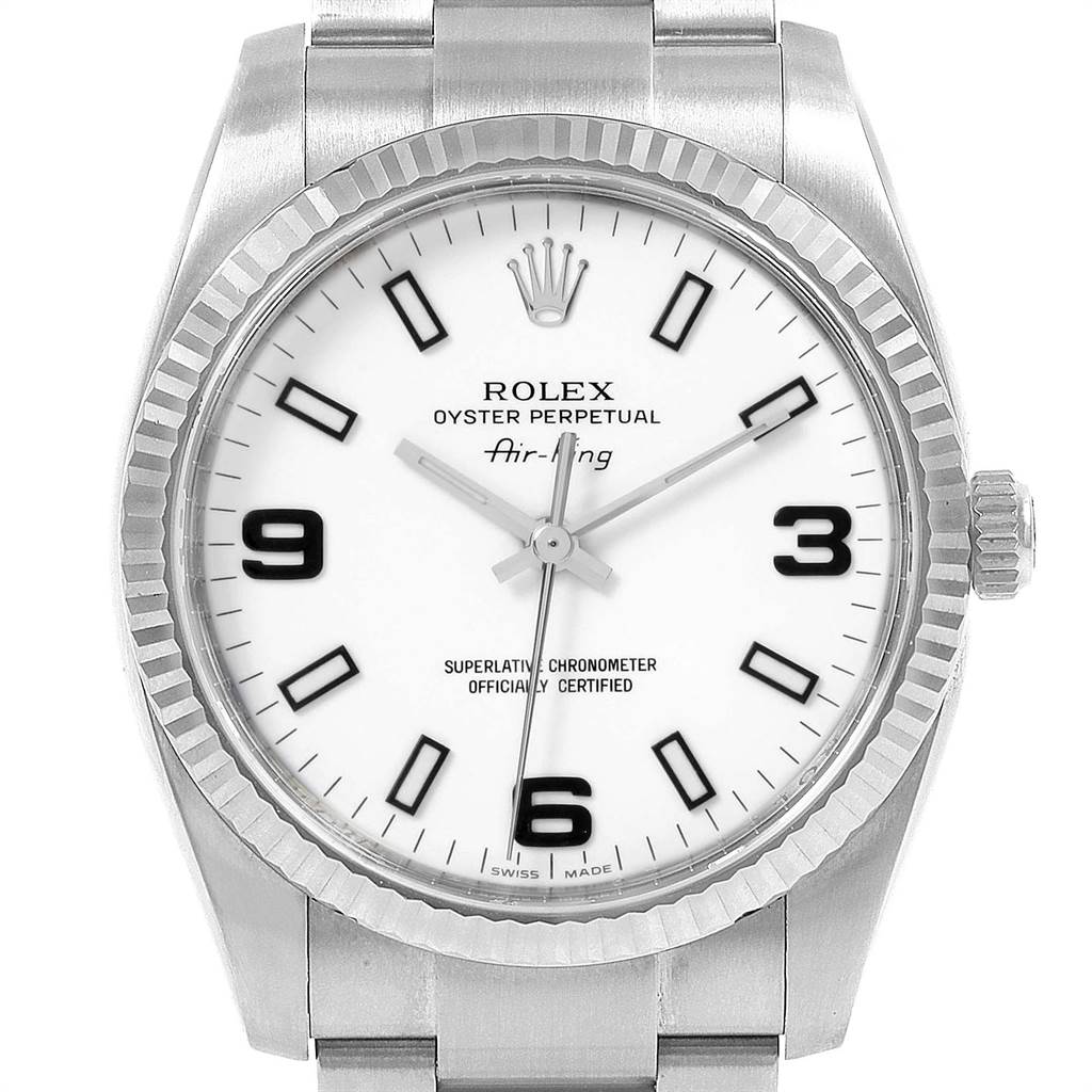 The image shows a front view of a Rolex Air-King 114234 Men's Stainless Steel White Dial 114234 Men's Stainless Steel White Dial, featuring its dial, bezel, and part of the bracelet.