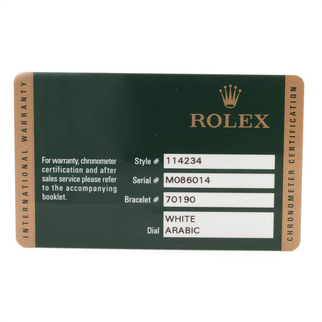 This image shows a warranty card for the Rolex Air-King 114234 Men's Stainless Steel White Dial 114234 Men's Stainless Steel White Dial model, with details including the style, serial, and bracelet numbers, as well as dial information.