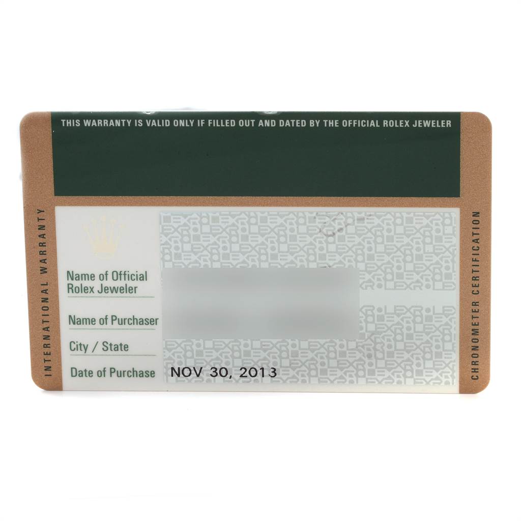 The image shows a warranty card for the Rolex Air-King 114234 Men's Stainless Steel White Dial 114234 Men's Stainless Steel White Dial model, detailing the date of purchase and authorization details.