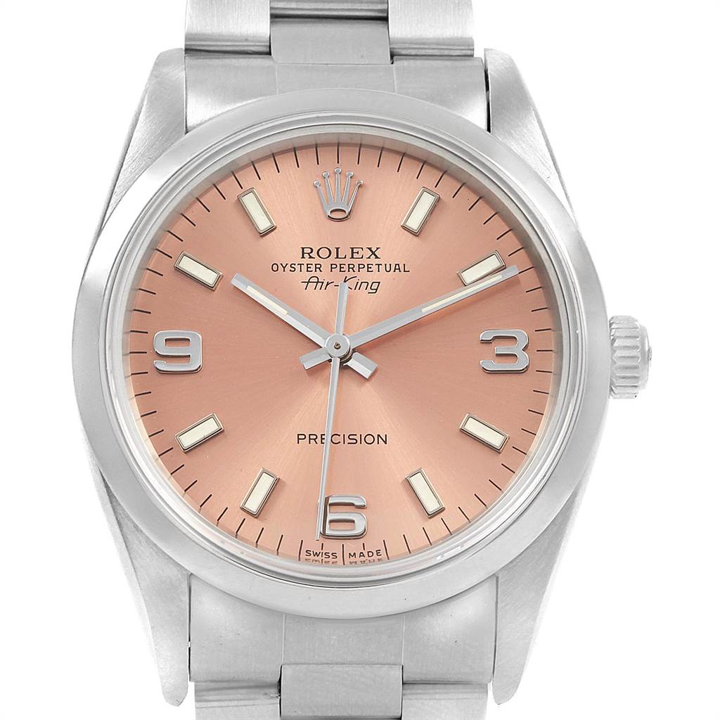 The image shows a close-up of the Rolex Air-King 14000 Men's Stainless Steel Pink Dial 14000 Men's Stainless Steel Pink Dial watch, highlighting the salmon-colored dial, indices, hands, and part of the bracelet.