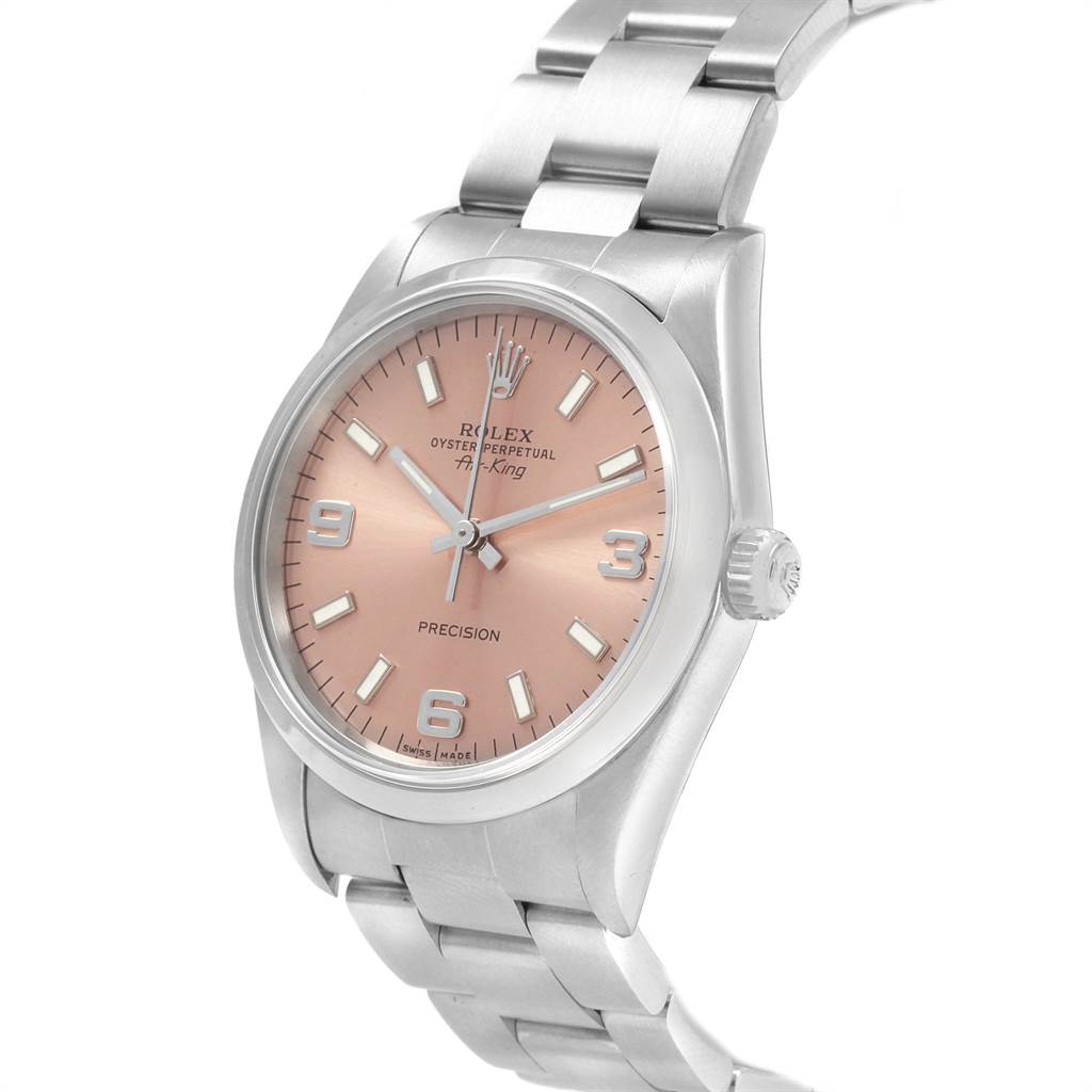 This image shows the Rolex Air-King 14000 Men's Stainless Steel Pink Dial 14000 Men's Stainless Steel Pink Dial watch from an angled view, highlighting the dial, crown, and part of the bracelet.