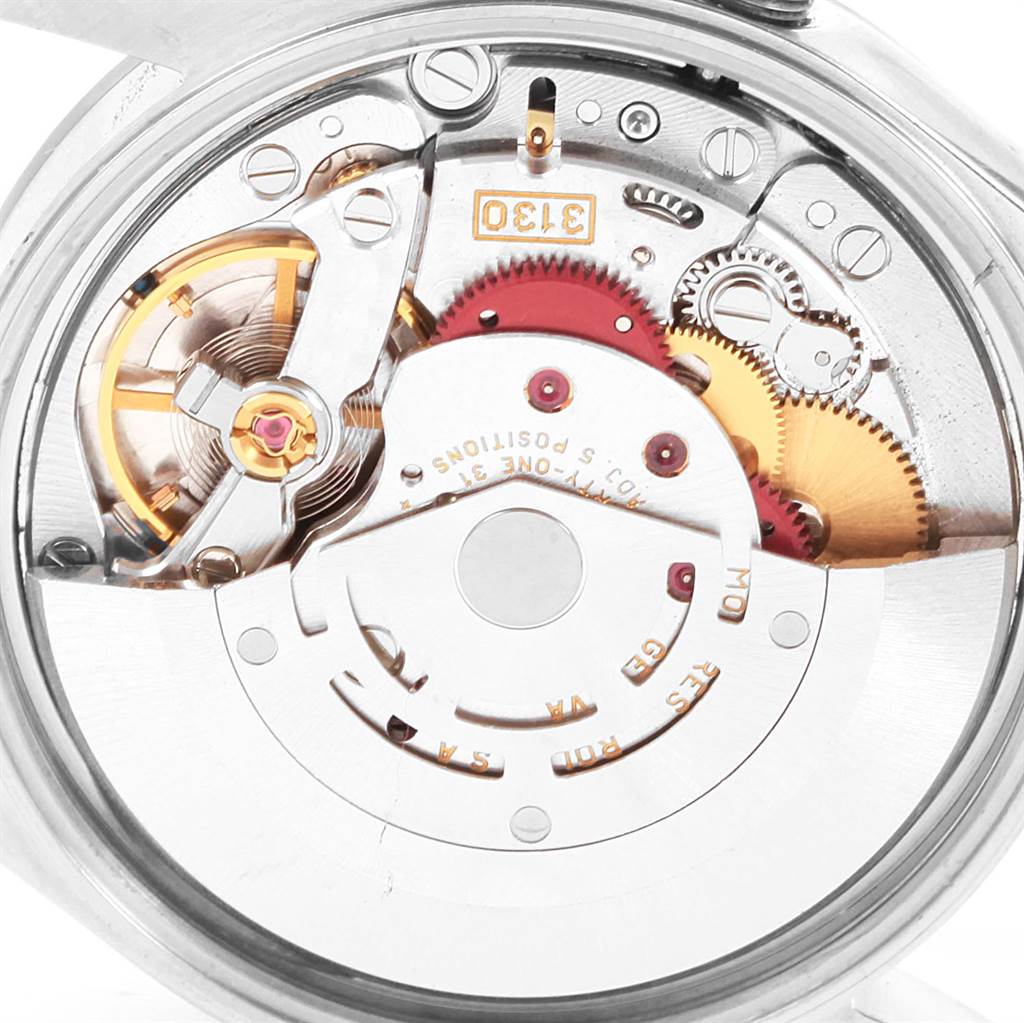 This close-up image shows the internal movement components of a Rolex Air-King 14000 Men's Stainless Steel Pink Dial 14000 Men's Stainless Steel Pink Dial watch.