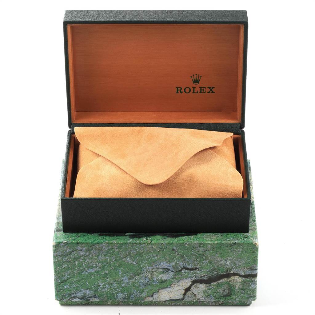 This image shows a Rolex Air-King 14000 Men's Stainless Steel Pink Dial 14000 Men's Stainless Steel Pink Dial watch box and a leather pouch inside, viewed from the front.