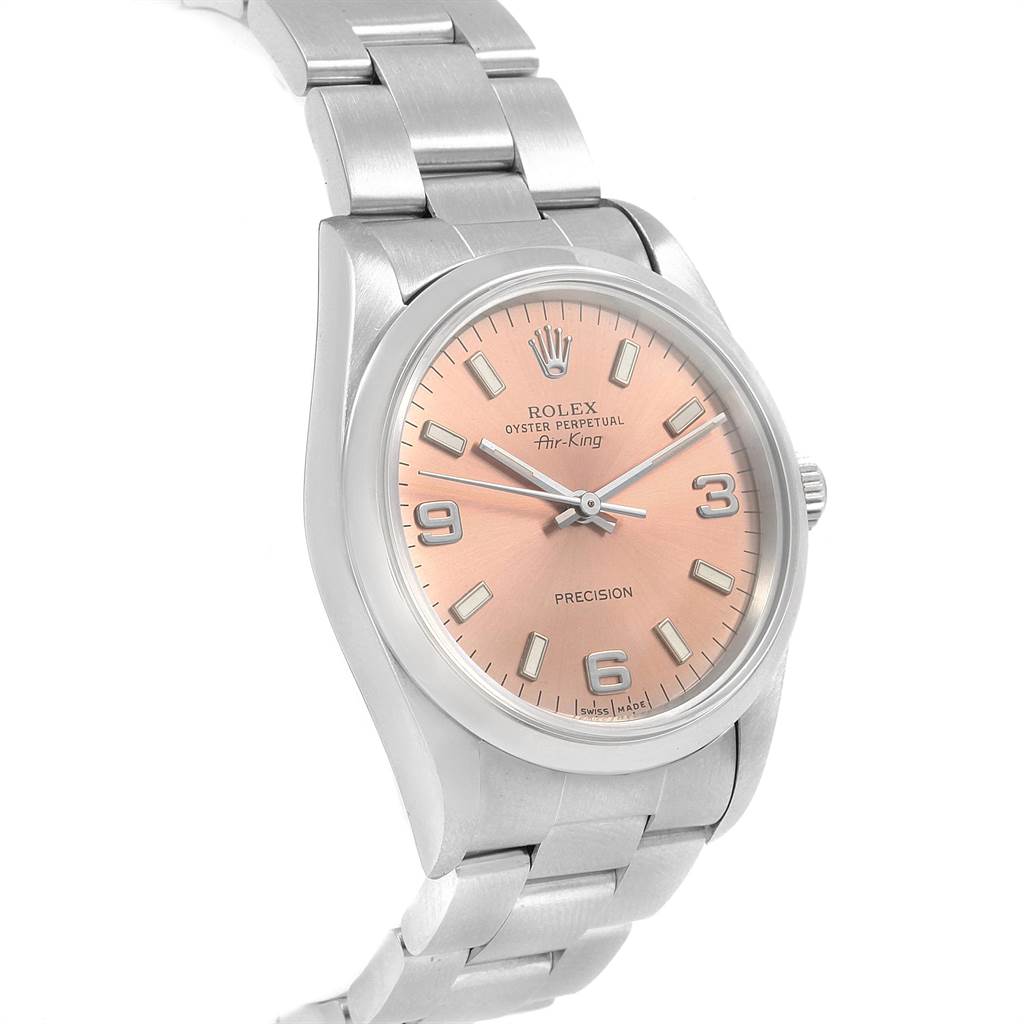 This image shows a Rolex Air-King 14000 Men's Stainless Steel Pink Dial 14000 Men's Stainless Steel Pink Dial watch from the front angle, highlighting the bracelet, dial, hands, and numerals.
