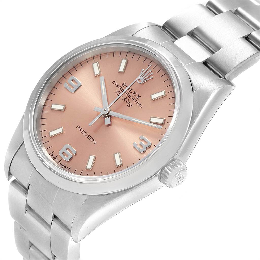 The image shows a close-up angle of the Rolex Air-King 14000 Men's Stainless Steel Pink Dial 14000 Men's Stainless Steel Pink Dial watch, highlighting its face, bezel, crown, and part of the stainless steel bracelet.