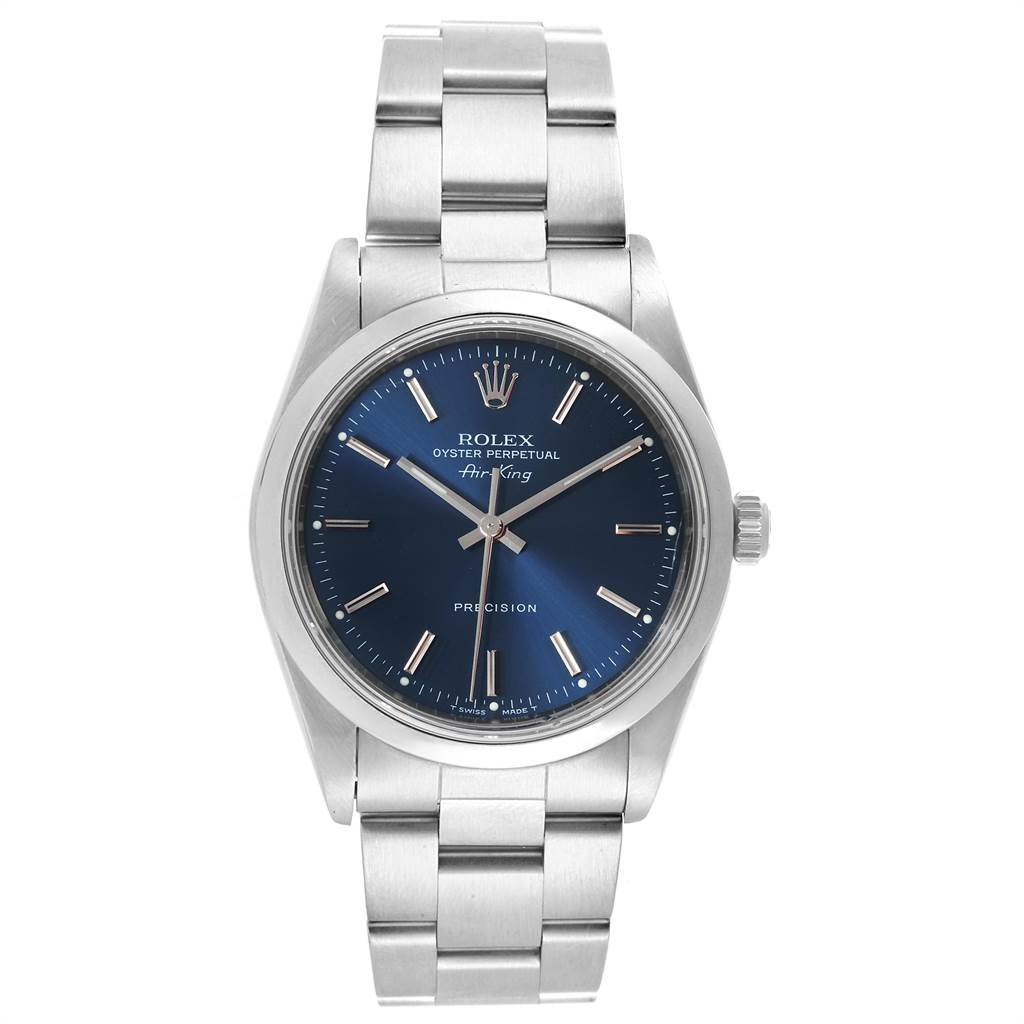 The image shows a front view of the Rolex Air-King 14000 Men's Stainless Steel Blue Dial 14000 Men's Stainless Steel Blue Dial watch, highlighting its blue dial, silver markers, and metal bracelet.