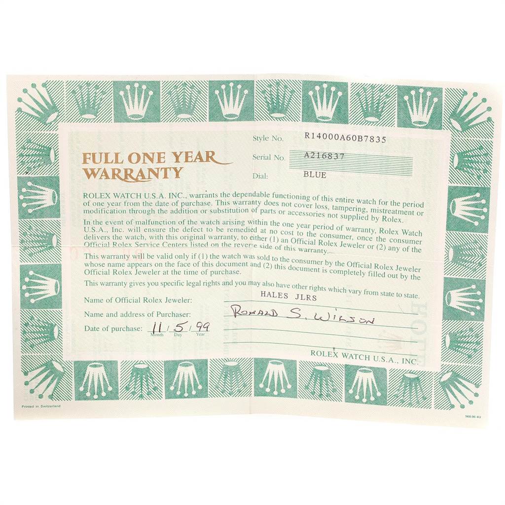 The image shows a Full One Year Warranty certificate for a Rolex Air-King 14000 Men's Stainless Steel Blue Dial 14000 Men's Stainless Steel Blue Dial watch, model R14000, with a blue dial.