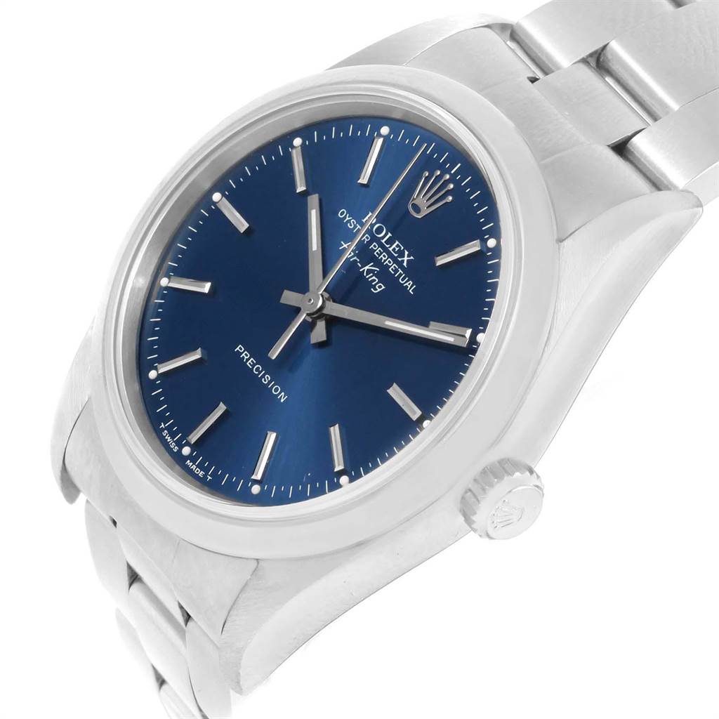 The Rolex Air-King 14000 Men's Stainless Steel Blue Dial 14000 Men's Stainless Steel Blue Dial watch is shown at a slight angle, highlighting the dial, bezel, crown, and part of the bracelet.