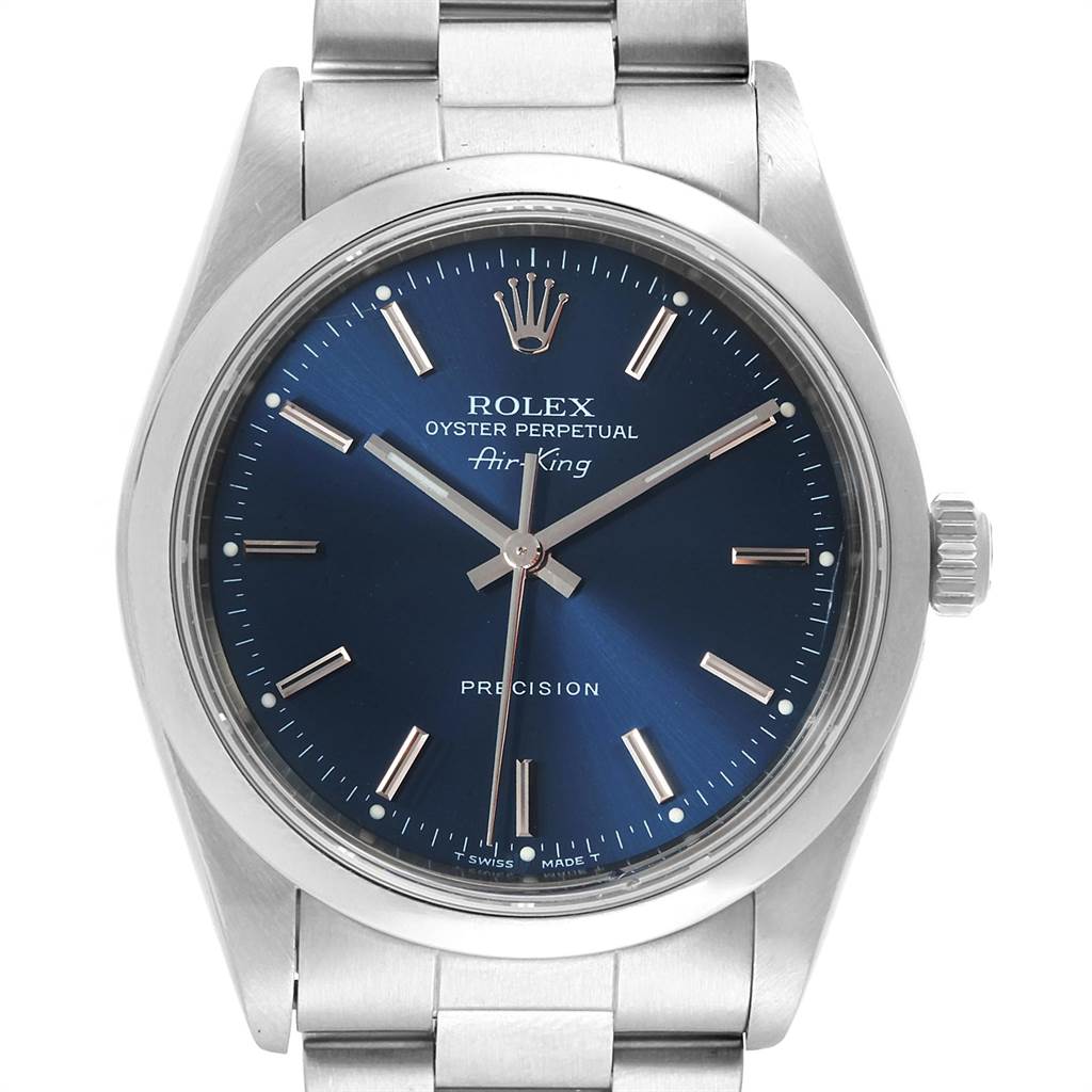 The Rolex Air-King 14000 Men's Stainless Steel Blue Dial 14000 Men's Stainless Steel Blue Dial watch is shown from a front angle, highlighting its face, hands, crown, and bracelet.