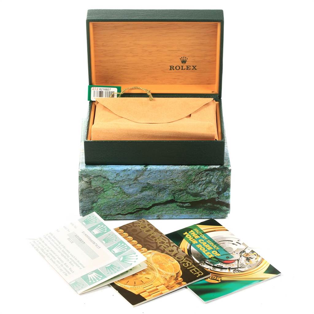 This image shows the packaging, box, and accompanying booklets for the Rolex Air-King 14000 Men's Stainless Steel Blue Dial 14000 Men's Stainless Steel Blue Dial watch.