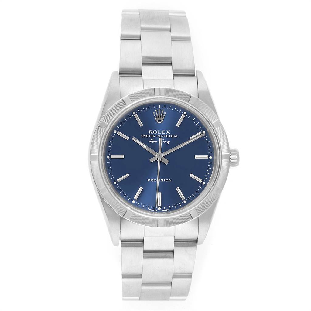 This image shows a Rolex Air-King 14010 Men's Stainless Steel Blue Dial 14010 Men's Stainless Steel Blue Dial watch from a front angle, displaying its blue dial, bezel, and stainless steel bracelet.