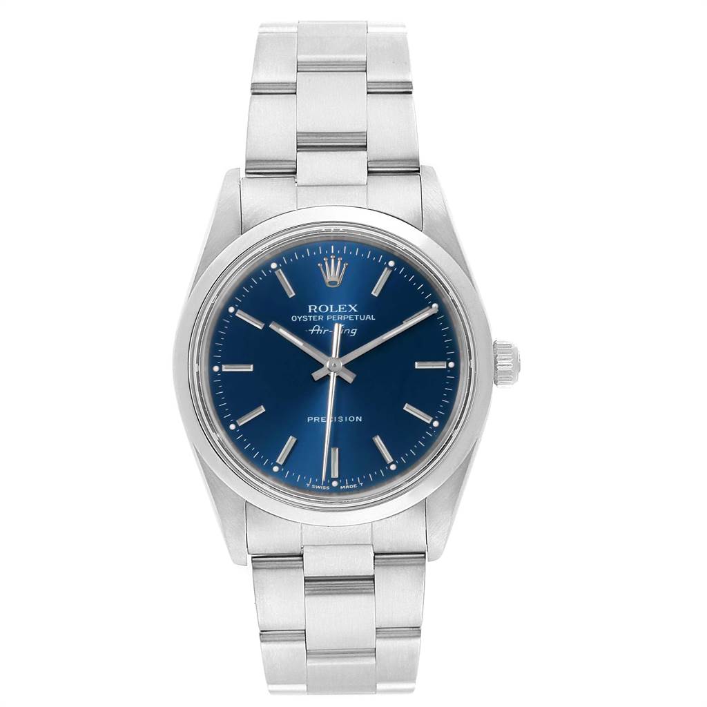 This image shows a front view of the Rolex Air-King 14000 Men's Stainless Steel Blue Dial 14000 Men's Stainless Steel Blue Dial watch, displaying the blue dial, silver hands, and stainless steel bracelet.