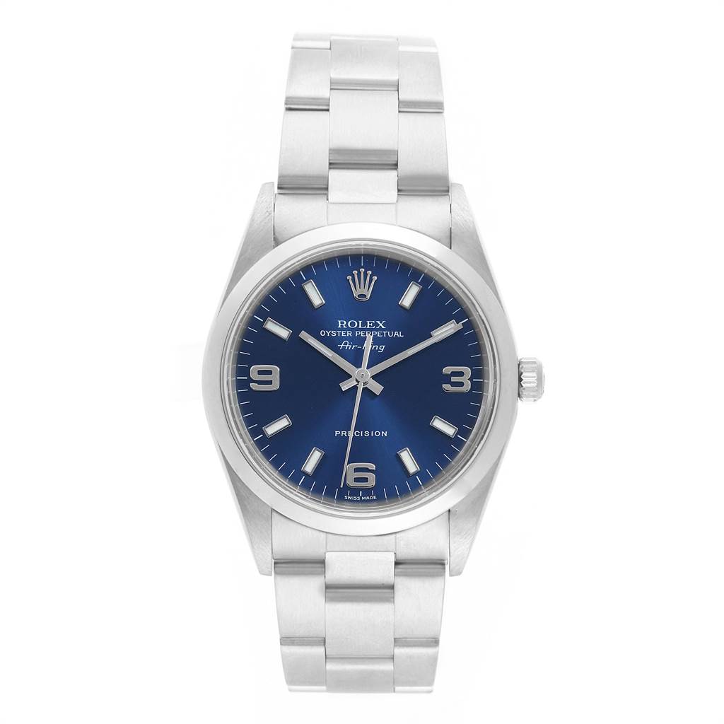 The Rolex Air-King 14000 Men's Stainless Steel Blue Dial 14000 Men's Stainless Steel Blue Dial watch is shown from a top-down angle, displaying the face, bezel, crown, and part of the bracelet.