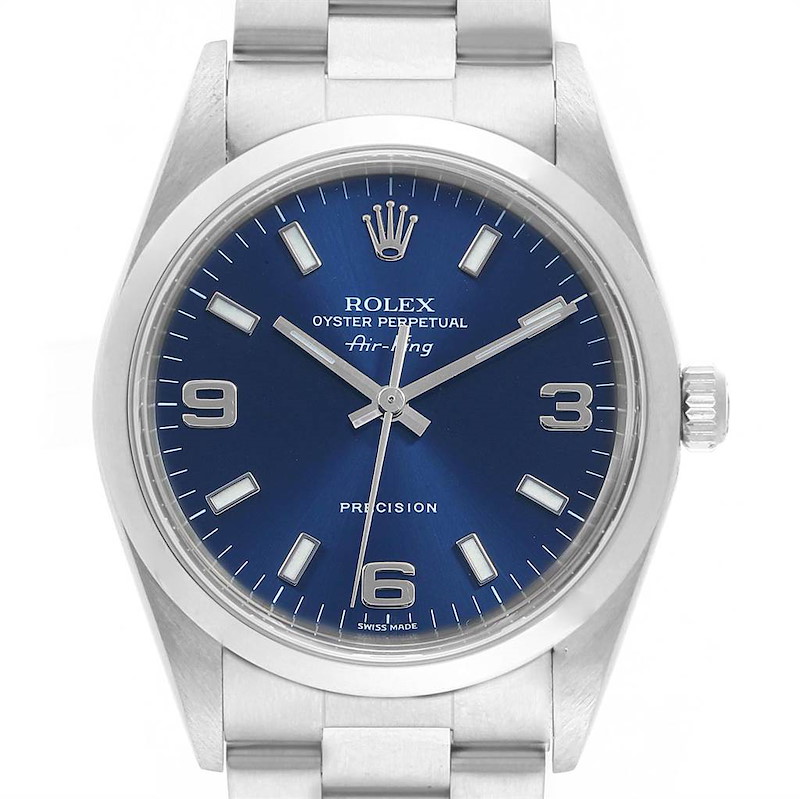 Rolex Air King 34 Smooth Bezel Blue Dial Steel Mens Watch 14000 SwissWatchExpo