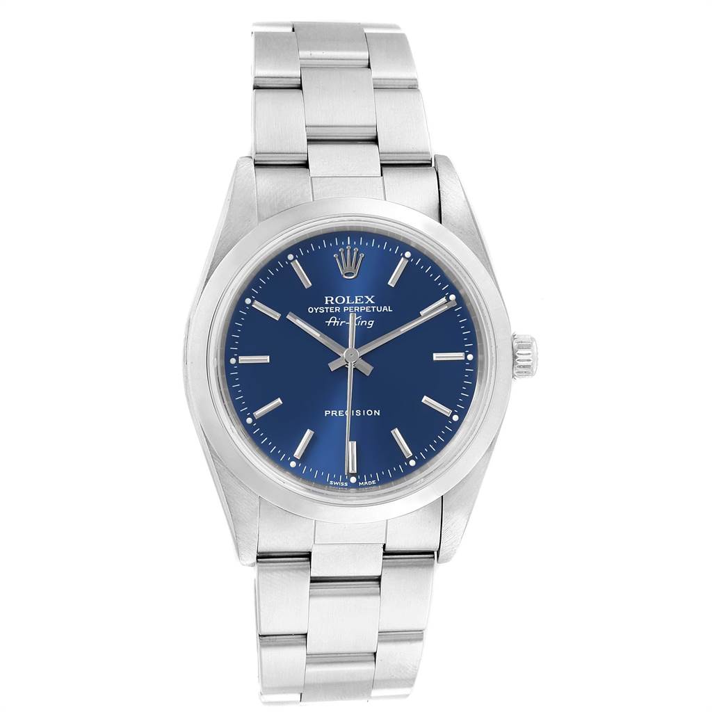 The image shows a front view of the Rolex Air-King 14000 Men's Stainless Steel Blue Dial 14000 Men's Stainless Steel Blue Dial watch, displaying its face, bezel, crown, and bracelet.