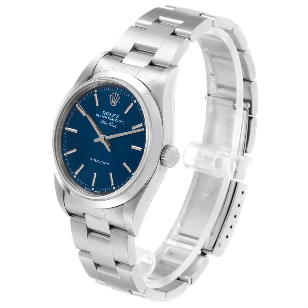 This Rolex Air-King 14000 Men's Stainless Steel Blue Dial 14000 Men's Stainless Steel Blue Dial watch is shown at a slight angle, displaying the face, crown, and stainless steel bracelet.