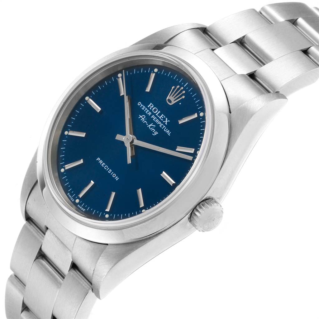 The image shows a Rolex Air-King 14000 Men's Stainless Steel Blue Dial 14000 Men's Stainless Steel Blue Dial watch at an angled view, displaying its blue dial, stainless steel case, and bracelet.
