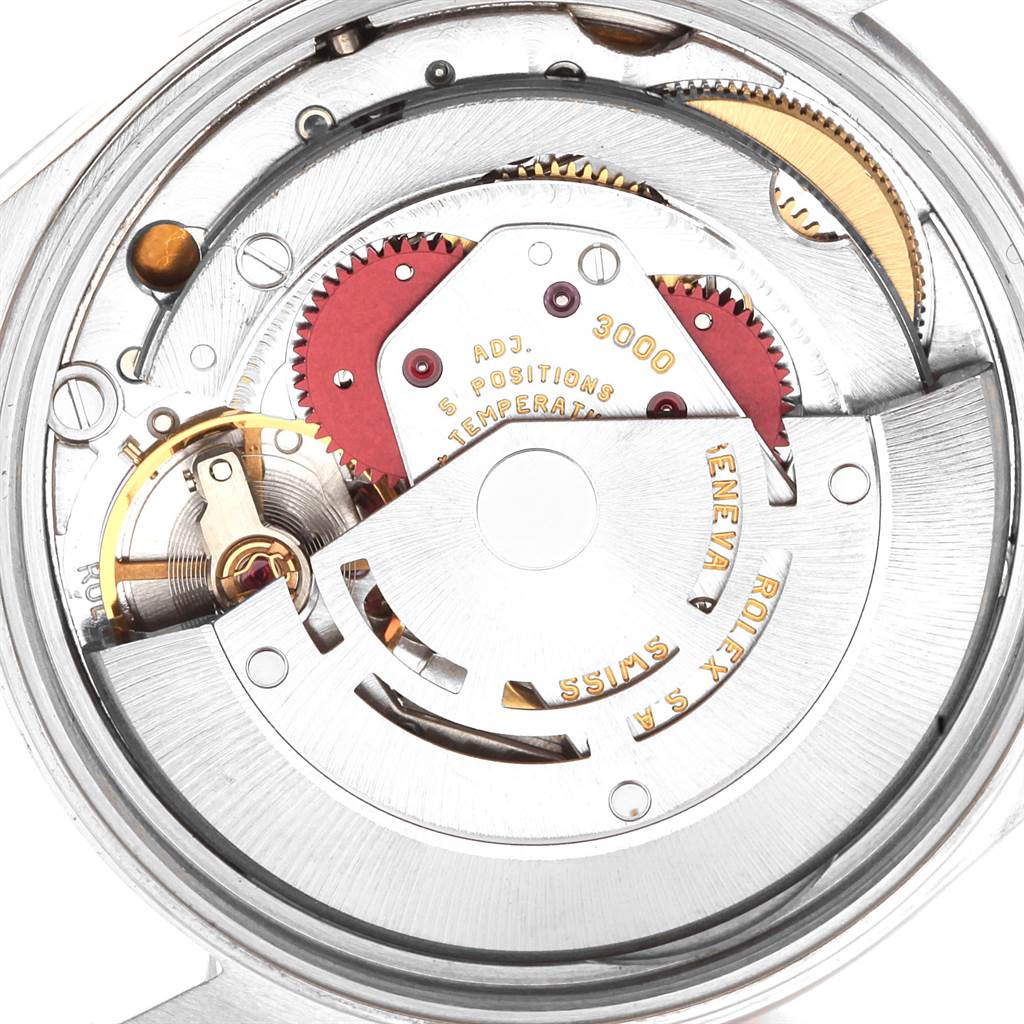 This image shows the intricate internal movement mechanism of a Rolex Air-King 14000 Men's Stainless Steel Blue Dial 14000 Men's Stainless Steel Blue Dial watch from a top-down angle.