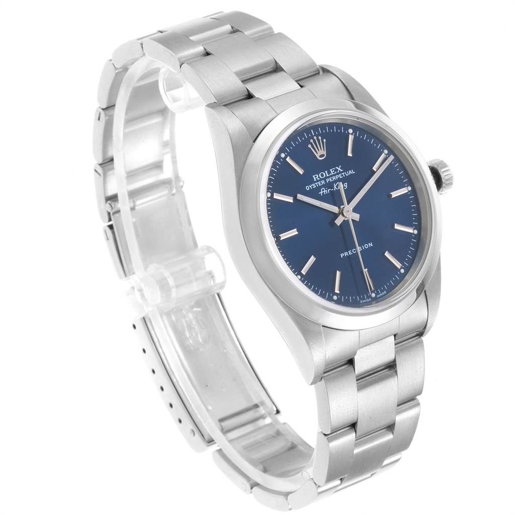 The image shows a Rolex Air-King 14000 Men's Stainless Steel Blue Dial 14000 Men's Stainless Steel Blue Dial watch at a three-quarter angle, highlighting the bracelet, case, and dial.