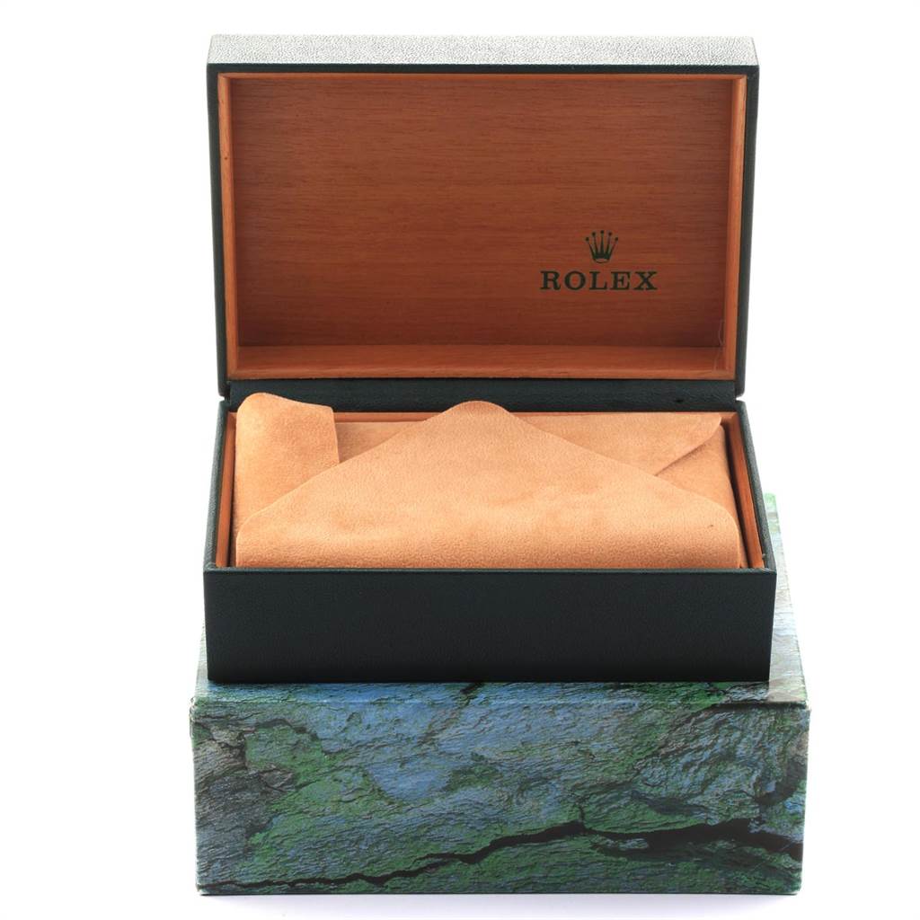The image shows an open box for a Rolex Air-King 14000 Men's Stainless Steel Blue Dial 14000 Men's Stainless Steel Blue Dial watch, revealing the inner lining and a suede cloth.