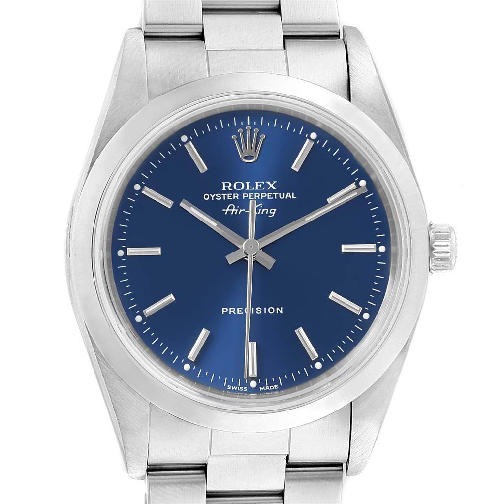 The image shows a frontal view of a Rolex Air-King 14000 Men's Stainless Steel Blue Dial 14000 Men's Stainless Steel Blue Dial watch, displaying its blue dial, silver hands, and bracelet.