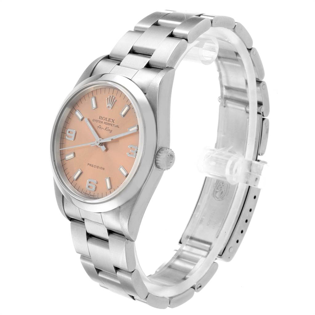 This Rolex Air-King 14000 Men's Stainless Steel Pink Dial 14000 Men's Stainless Steel Pink Dial watch is shown at a three-quarter angle, highlighting the watch face, crown, and full bracelet.