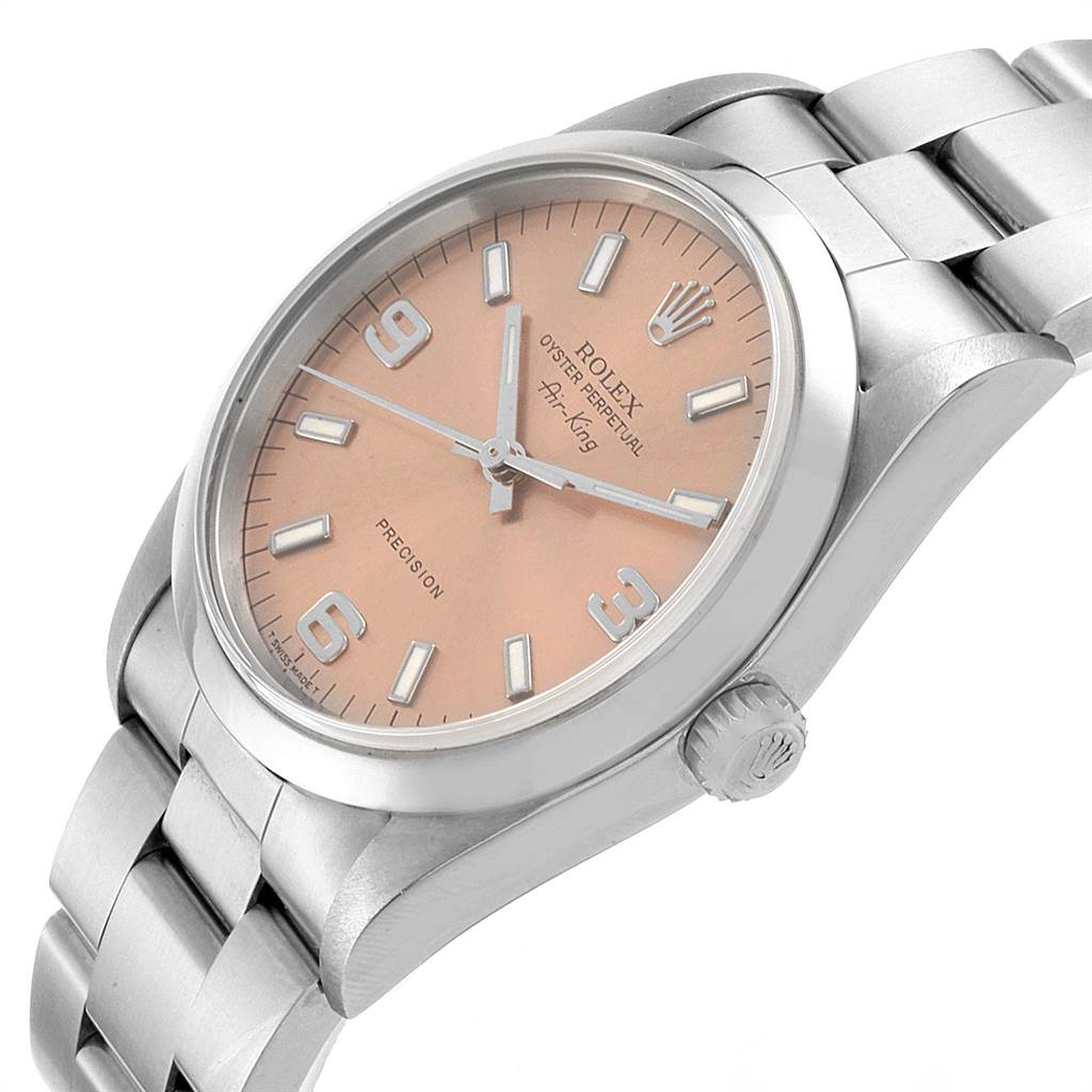 The Rolex Air-King 14000 Men's Stainless Steel Pink Dial 14000 Men's Stainless Steel Pink Dial watch is shown from a slightly angled side view, displaying the face, crown, and part of the bracelet.