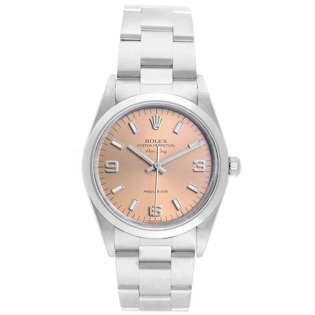 The Rolex Air-King 14000 Men's Stainless Steel Pink Dial 14000 Men's Stainless Steel Pink Dial watch is shown from a head-on angle, displaying the full face and bracelet clearly.