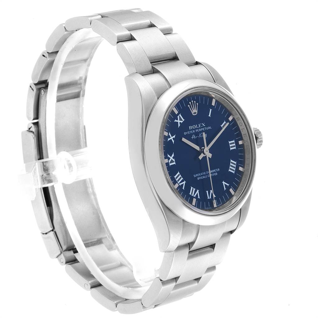 The image shows a side angle view of a Rolex Air-King 114200 Men's Stainless Steel Blue Dial 114200 Men's Stainless Steel Blue Dial watch, highlighting the face, bezel, crown, and bracelet.