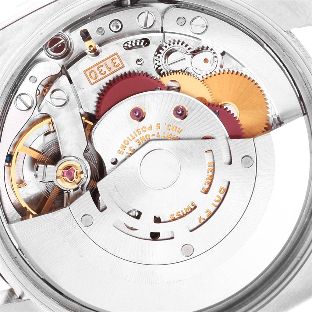 This Rolex Air-King 114200 Men's Stainless Steel Blue Dial 114200 Men's Stainless Steel Blue Dial model watch shows the internal automatic movement mechanism from a top-down angle.