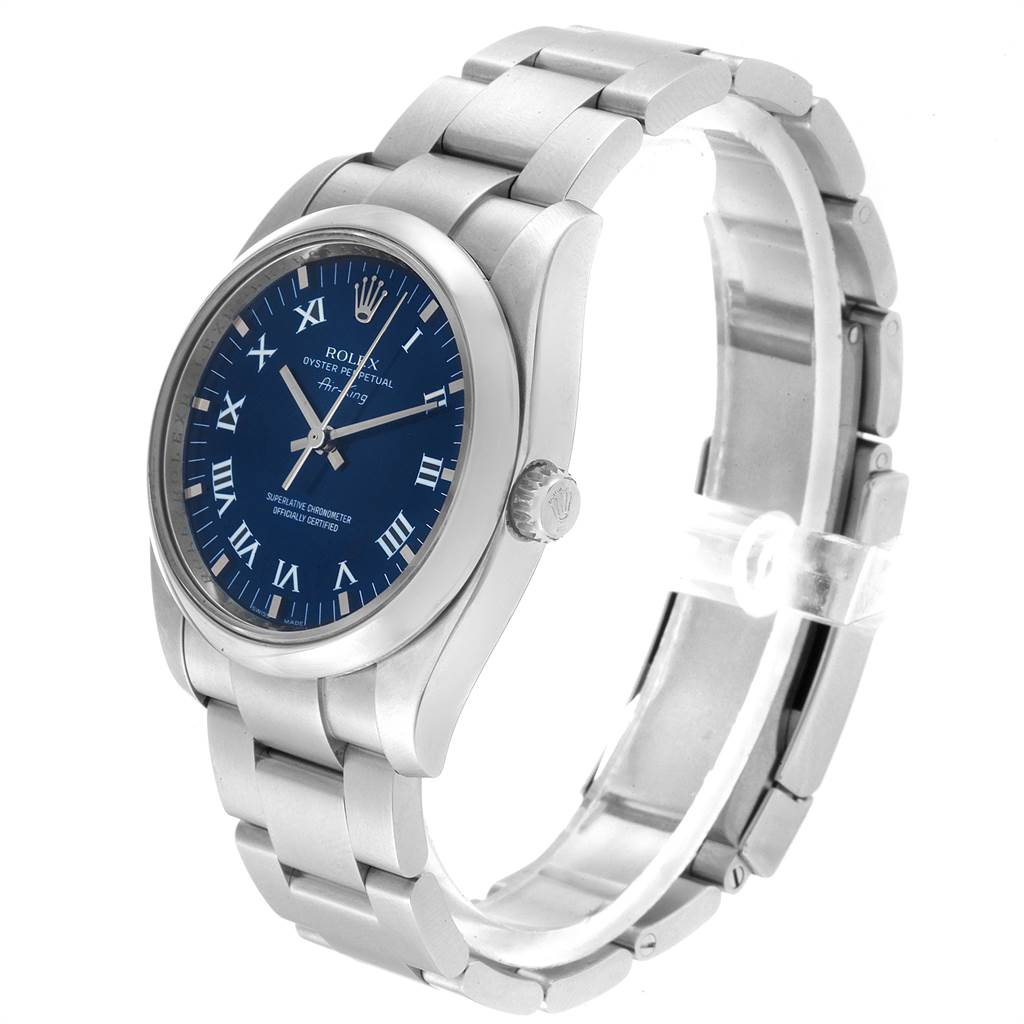 This image shows a Rolex Air-King 114200 Men's Stainless Steel Blue Dial 114200 Men's Stainless Steel Blue Dial watch from a side angle, highlighting its blue dial, stainless steel case, and bracelet.