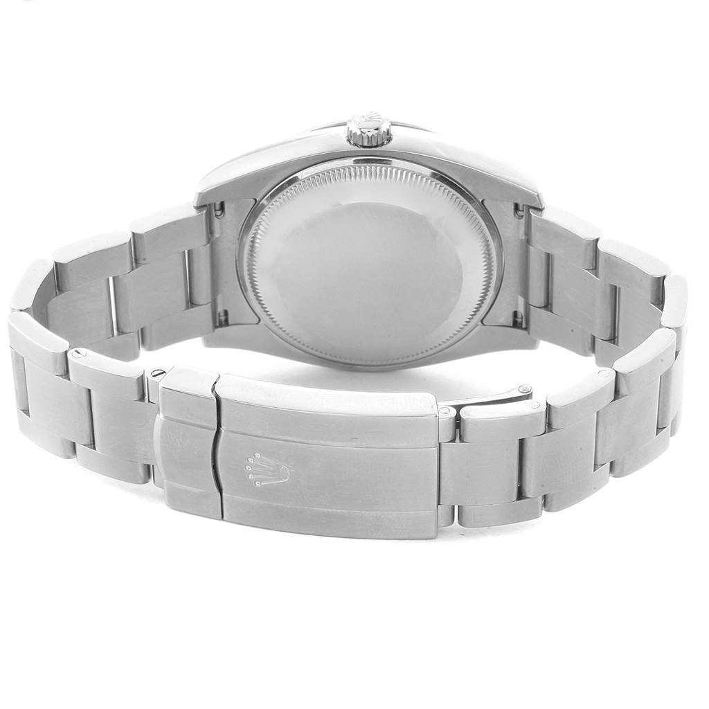 The image shows the back case and the metal bracelet clasp of the Rolex Air-King 114200 Men's Stainless Steel Blue Dial 114200 Men's Stainless Steel Blue Dial watch.