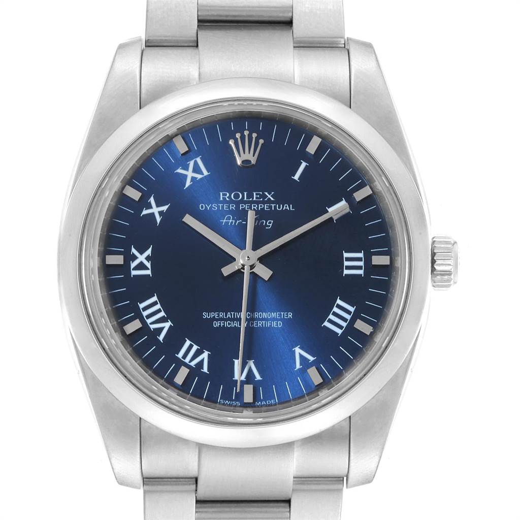 The image shows a front view of a Rolex Air-King 114200 Men's Stainless Steel Blue Dial 114200 Men's Stainless Steel Blue Dial watch, highlighting its face, hour markers, hands, crown, and part of the metal bracelet.