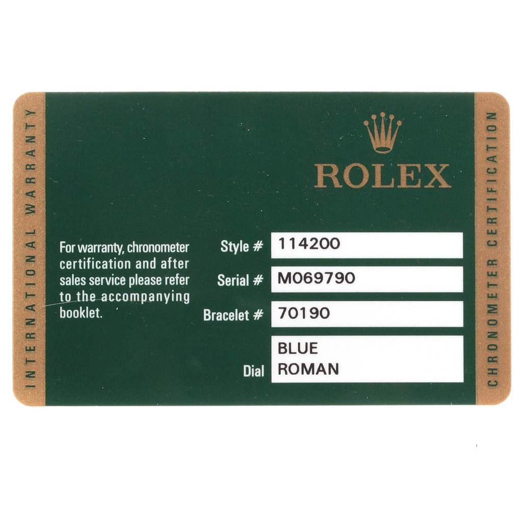 This image shows the warranty card for a Rolex Air-King 114200 Men's Stainless Steel Blue Dial 114200 Men's Stainless Steel Blue Dial model 114200, detailing the serial, bracelet number, and dial type.