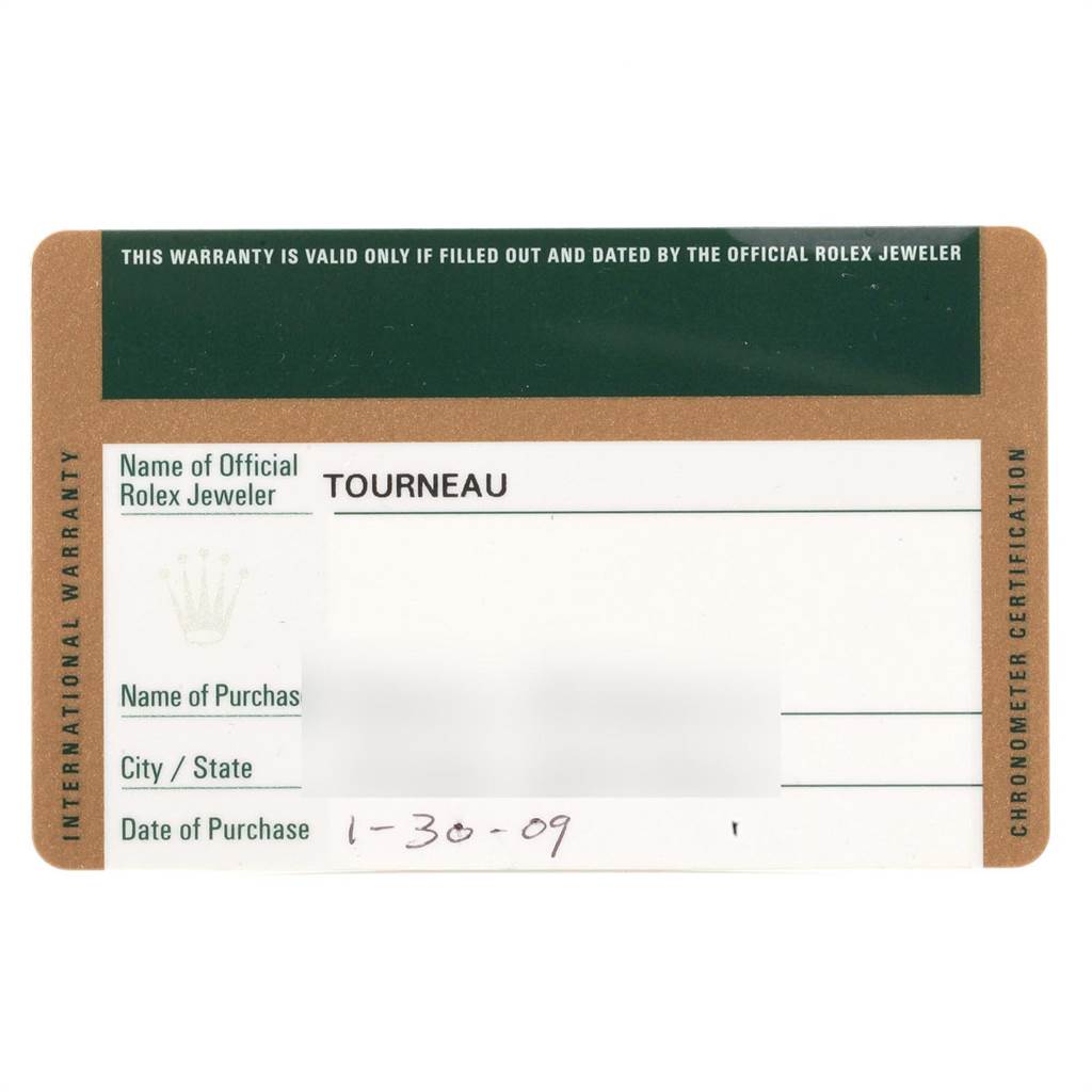 The image shows the warranty card for a Rolex Air-King 114200 Men's Stainless Steel Blue Dial 114200 Men's Stainless Steel Blue Dial watch.