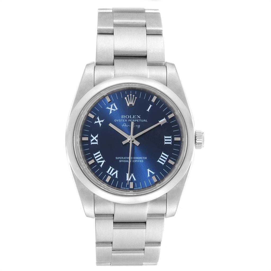 The image shows a front view of the Rolex Air-King 114200 Men's Stainless Steel Blue Dial 114200 Men's Stainless Steel Blue Dial watch, including its blue dial, bracelet, and crown.