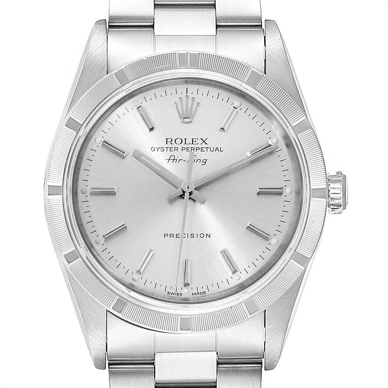 This image shows a front-facing view of the Rolex Air-King watch, highlighting its dial, bezel, and a portion of the bracelet.