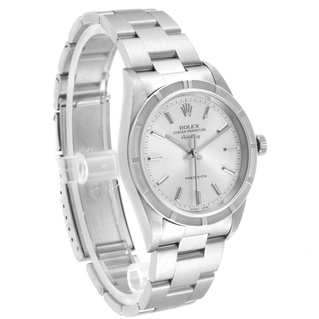This Rolex Air-King 14010 Men's Stainless Steel Silver Dial 14010 Men's Stainless Steel Silver Dial watch is shown at a slightly oblique angle, displaying the face, bezel, crown, and metal bracelet.