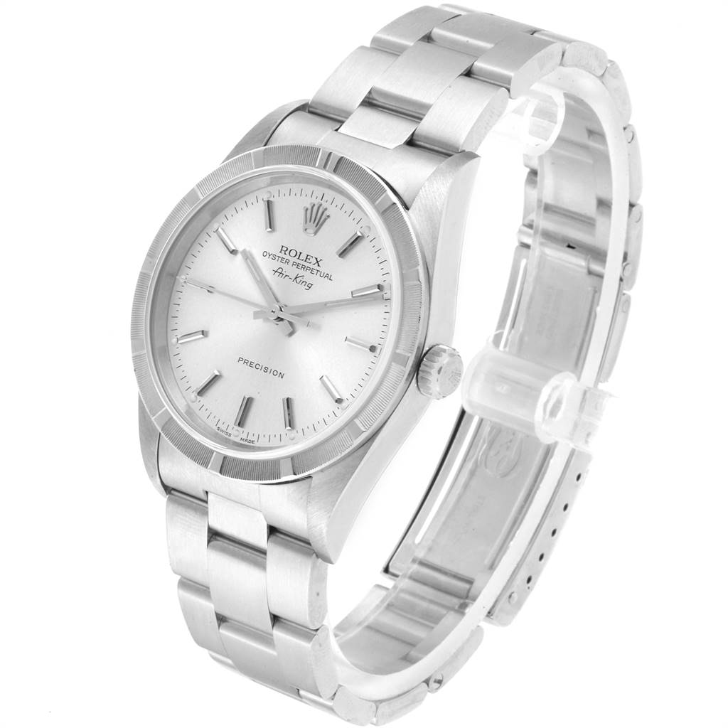 The image shows a front angle of the Rolex Air-King 14010 Men's Stainless Steel Silver Dial 14010 Men's Stainless Steel Silver Dial model watch, highlighting the dial, bezel, and bracelet.