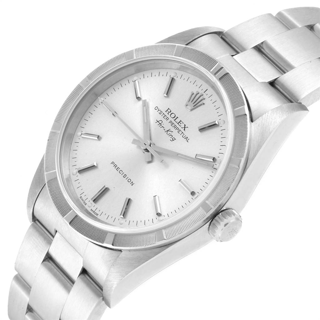 The image shows a Rolex Air-King 14010 Men's Stainless Steel Silver Dial 14010 Men's Stainless Steel Silver Dial watch at an angled view, highlighting the dial, bezel, crown, and part of the bracelet.