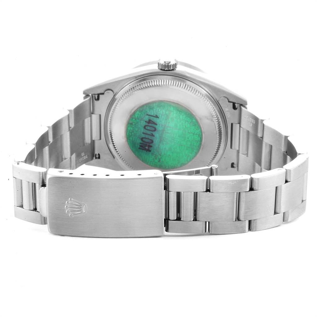 The image shows the back view of a Rolex Air-King 14010 Men's Stainless Steel Silver Dial 14010 Men's Stainless Steel Silver Dial watch, highlighting the closed clasp and case back.