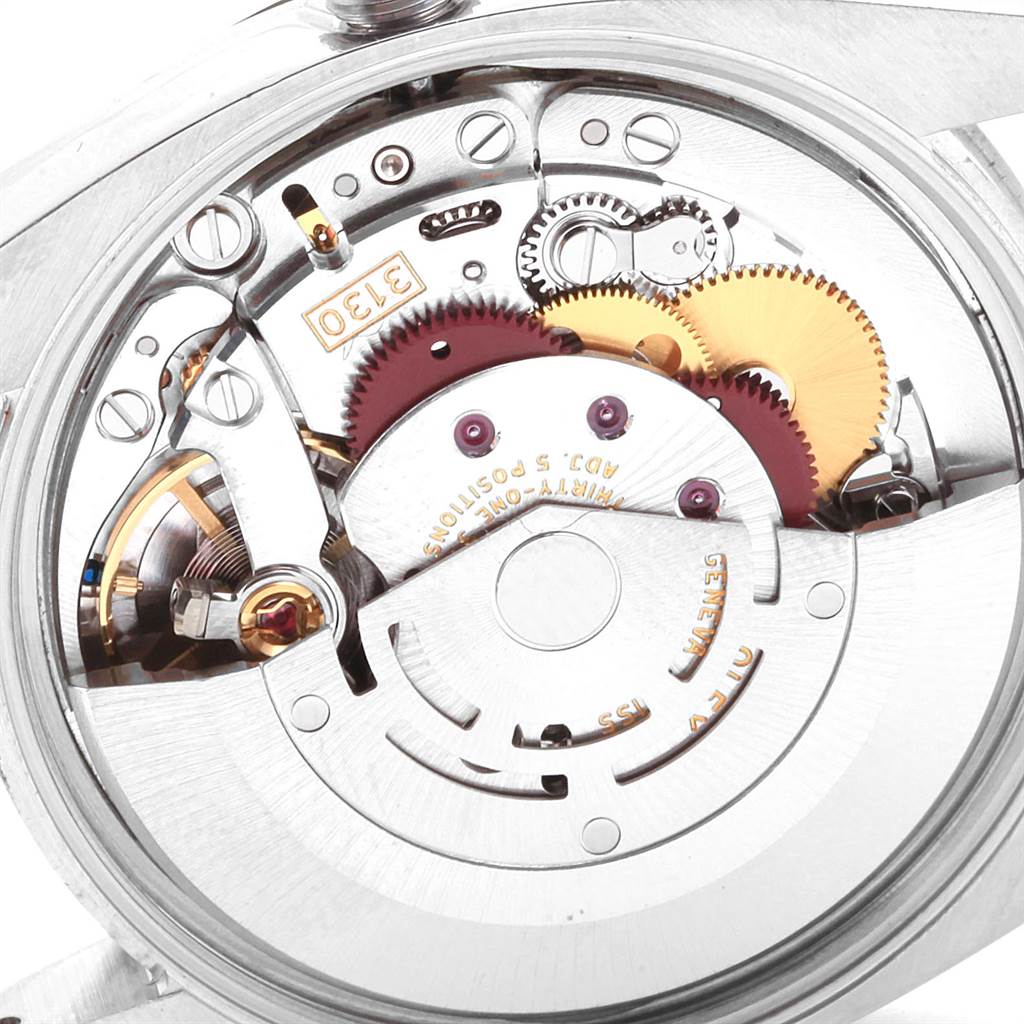 This image shows a close-up view of the movement and inner mechanism of a Rolex Air-King 114234 Men's Stainless Steel Silver Dial 114234 Men's Stainless Steel Silver Dial watch.
