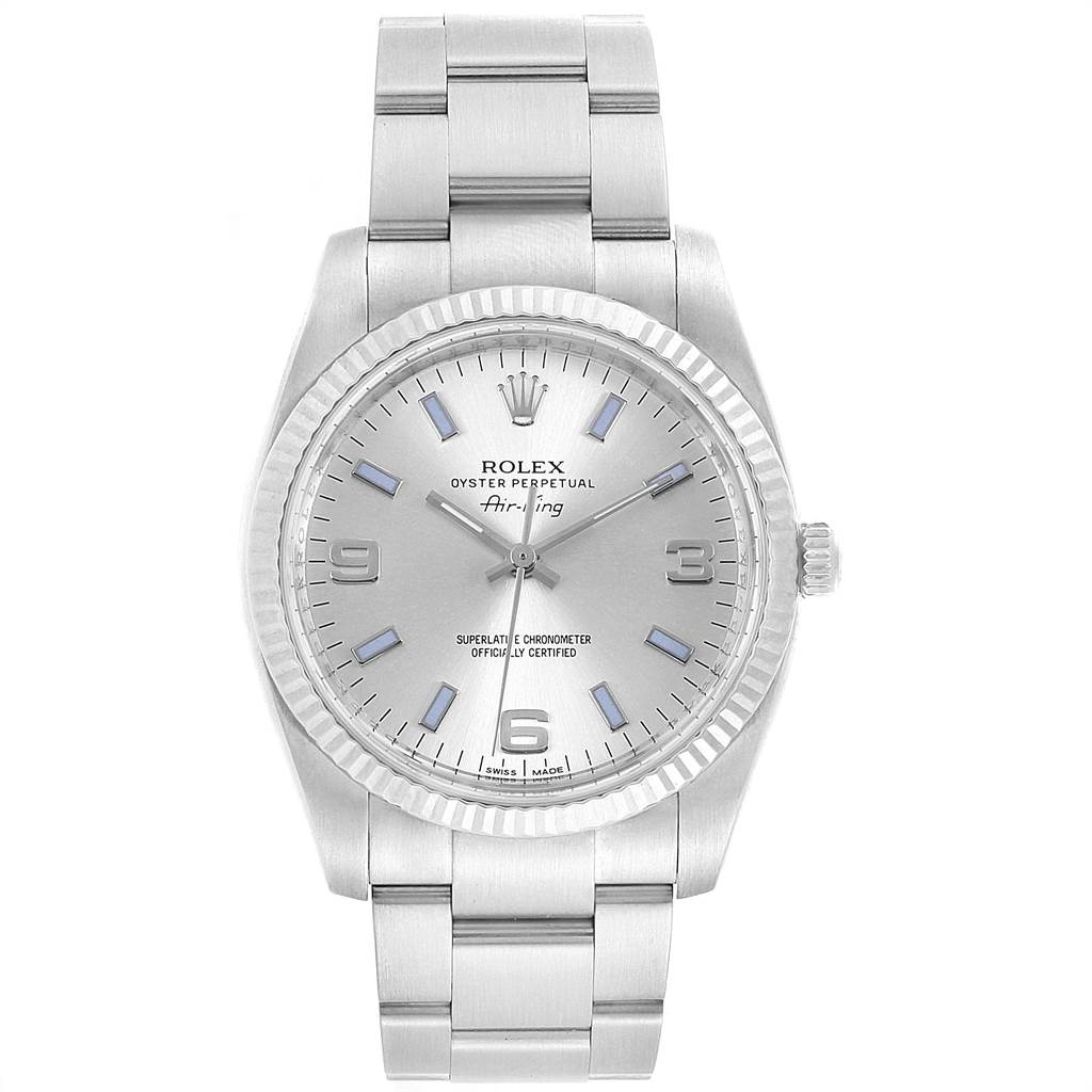 The image shows a front view of the Rolex Air-King 114234 Men's Stainless Steel Silver Dial 114234 Men's Stainless Steel Silver Dial watch, displaying its face, bezel, crown, and bracelet.