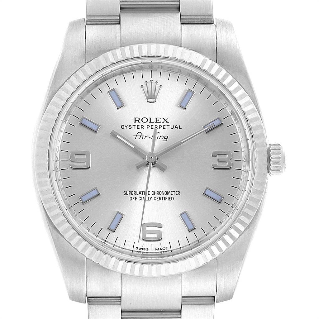 This image shows a front view of a Rolex Air-King 114234 Men's Stainless Steel Silver Dial 114234 Men's Stainless Steel Silver Dial watch, highlighting the dial, bezel, and part of the bracelet.