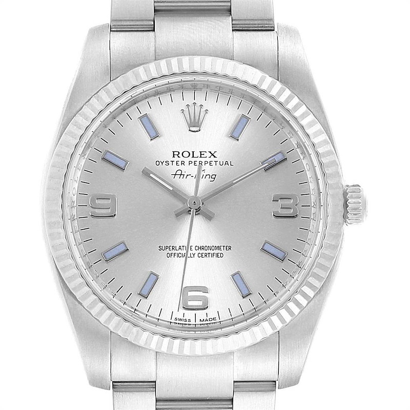 Rolex Air King Steel White Gold Blue Hour Markers Mens Watch 114234 SwissWatchExpo
