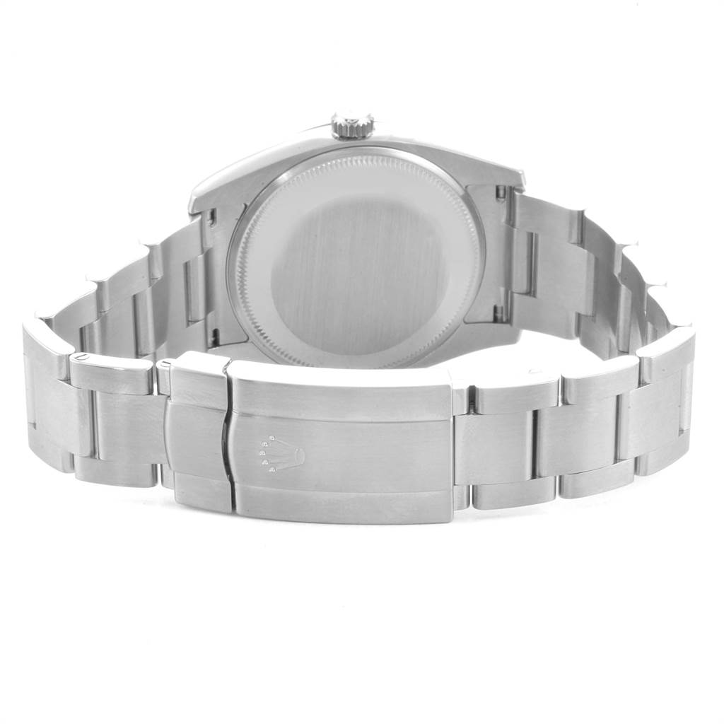 The image shows the back view of the Rolex Air-King 114234 Men's Stainless Steel Silver Dial 114234 Men's Stainless Steel Silver Dial watch, highlighting its caseback and stainless steel bracelet.